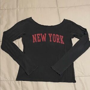 Women’s Black and Red New York Long Sleeve with Distressed Neckline